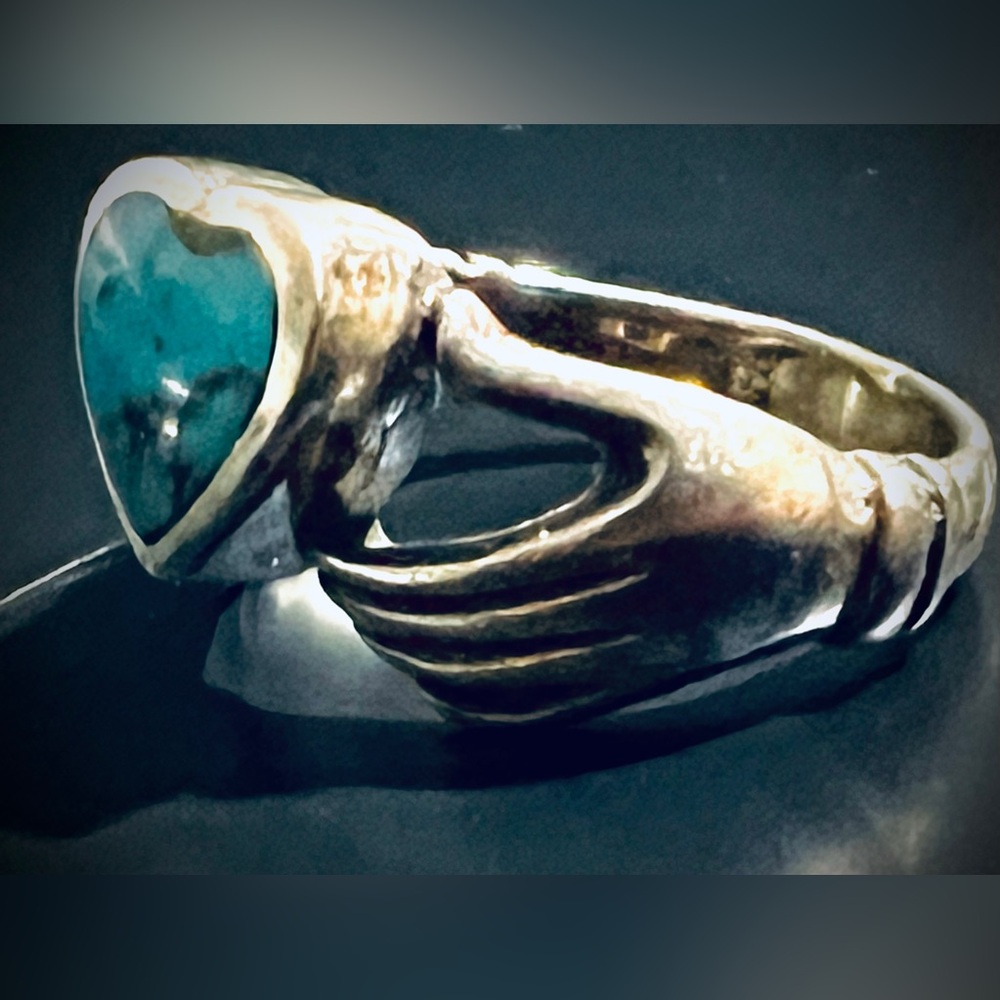 Vintage 925 Sterling Turquoise Fede Claddagh Ring Sz 6 - Picture 3 of 7